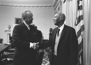 White Freemason Lyndon B. Johnson and Black Freemason A. Philip Randolph impose Black Pope's Civil Rights Acts of 1964-65 Amalgamating the American Empire via Federal Bayonets 