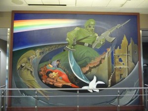 Denver Airport: Green Soldier with Islamic Simitar and Communist AK47 Killing the White Dove (Holy Spirit) of Reformation Bible-based Christianity 